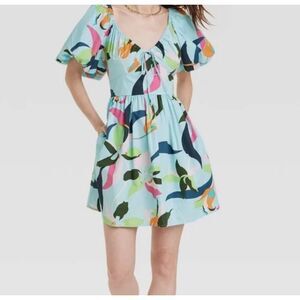 NWT A New Day light blue floral puff sleeve cotton mini dress - M